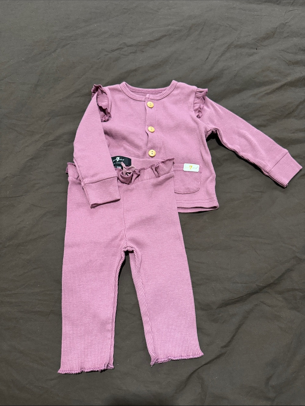 Mauve Ribbed Baby Two-Piece Set with Ruffle Details